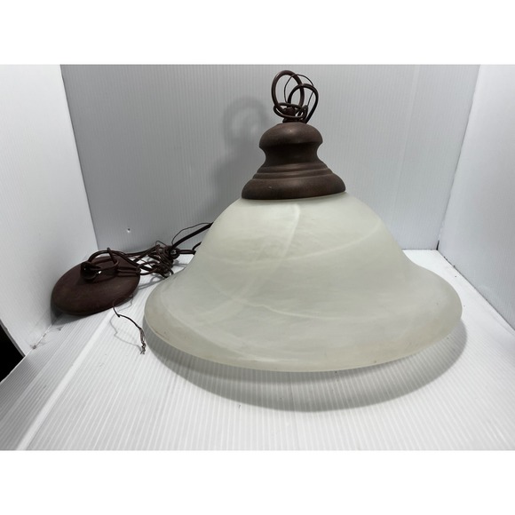 White Swirl Glass Pendant Light Fixture Brown Metal Accent Kitchen Lighting VTG - Picture 2 of 11
